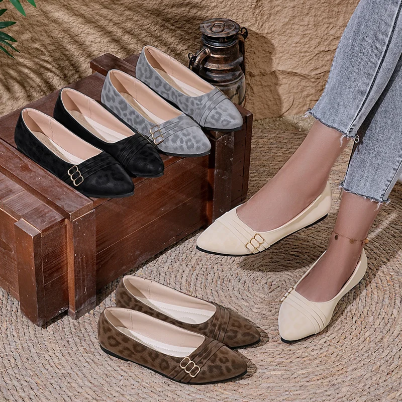 

Осенние женские туфли на плоской подошве с острым носком и леопардовым принтом во французском стиле, удобные прогулочные туфли на массивном низком каблуке, широкий размер 36-43