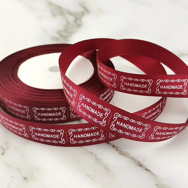 (25 Yards/Roll) 15mm Satin Ribbon Printing “HANDMADE” Quality Gift Wholesale Pretty Packing Ribbons Handmade DIY