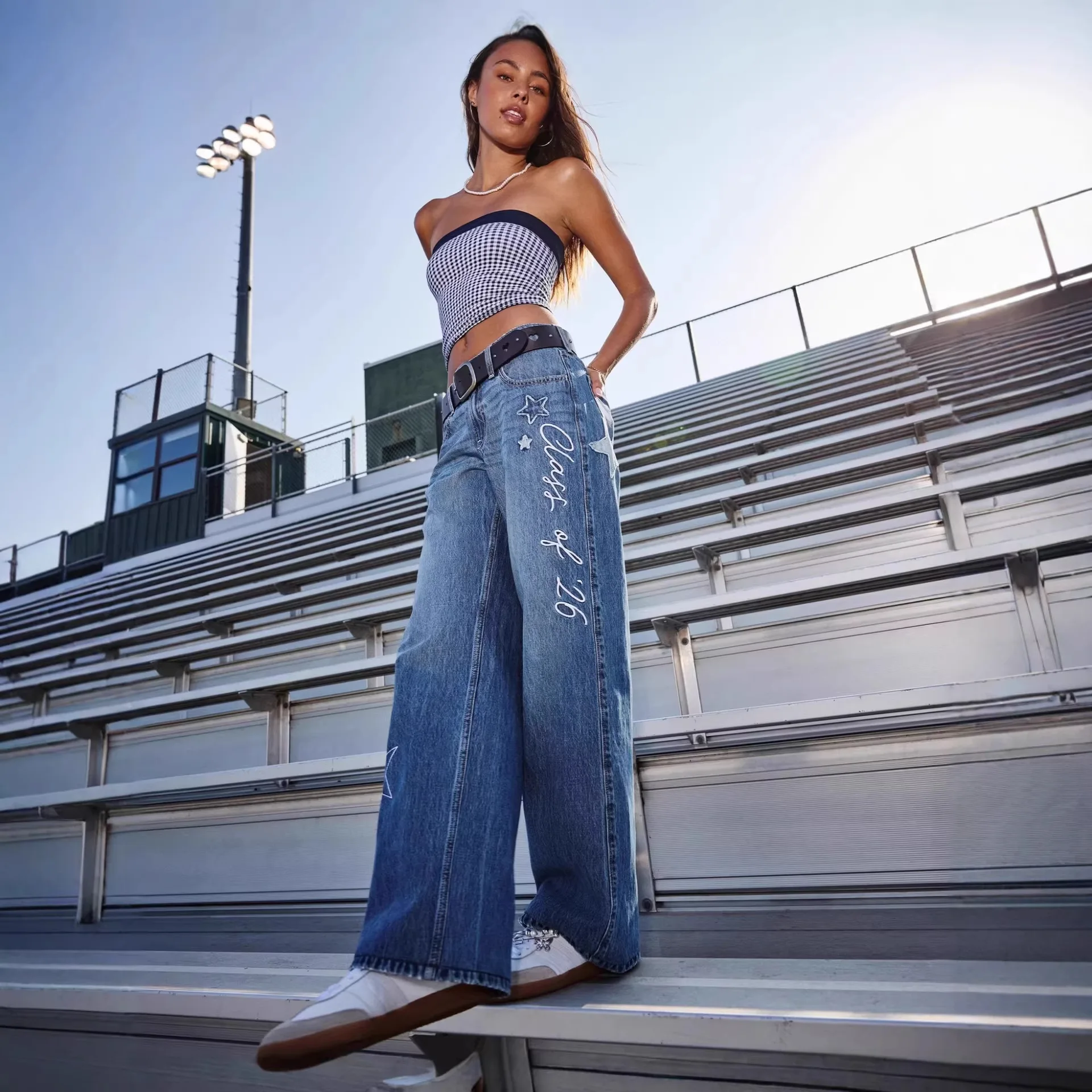 American Retro Sweet Embroidered Star Flower Jeans Women's Casual Low-rise Straight Wide-leg Jeans Women
