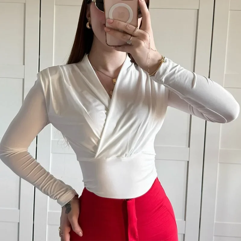 

Talenza Sexy V Neck Pleated Top Women's Tight Long Sleeve Elegant Casual Short Top T-Shirt Pullover High Waist Bottoming Shirt