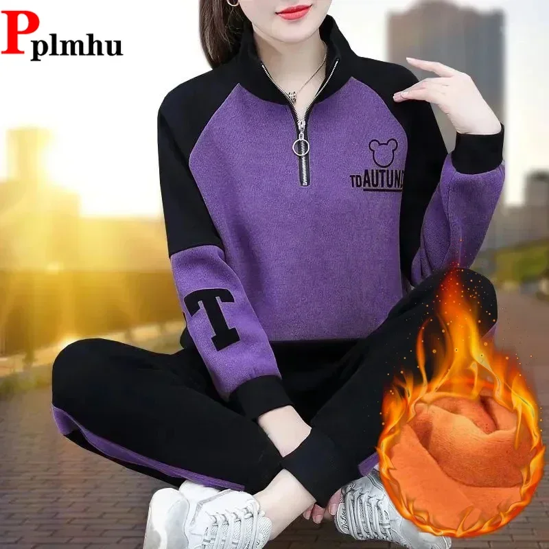 

Толстые топы с воротником-стойкой, спортивный костюм, зимние комплекты из 2 предметов, с высокой талией, до щиколотки, мешковатые шаровары, костюмы, плюшевый теплый наряд для бега