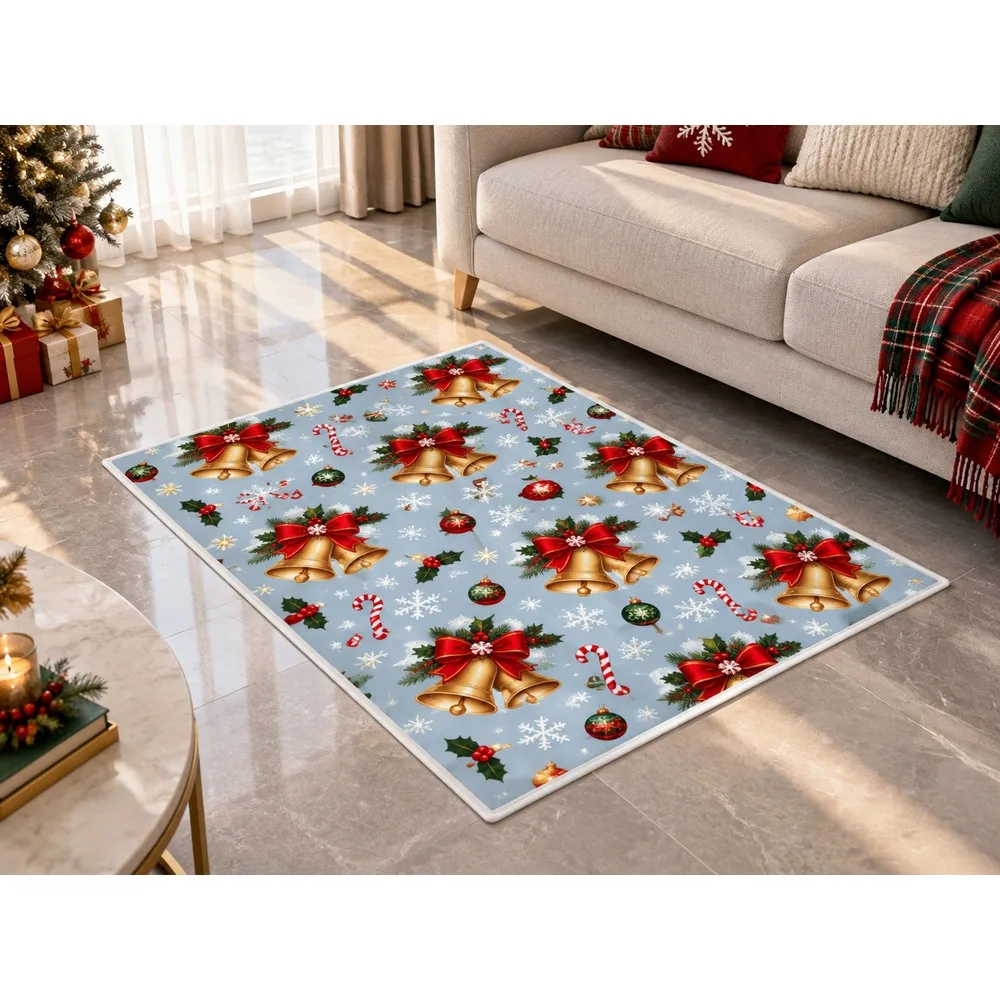 VIKAMA Christmas Ice Blue Bell Flannel Door Mat, Washable Quick Dry Xmas Mat, Christmas Decor for Mudroom, Farmhouse, Laundry