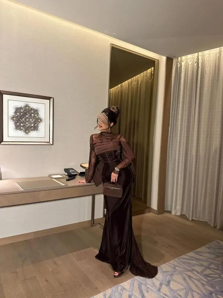 Jirocum luxo marrom renda sereia vestidos de noite com capa destacável, gola alta manga longa vestidos formais para gala casamento baile
