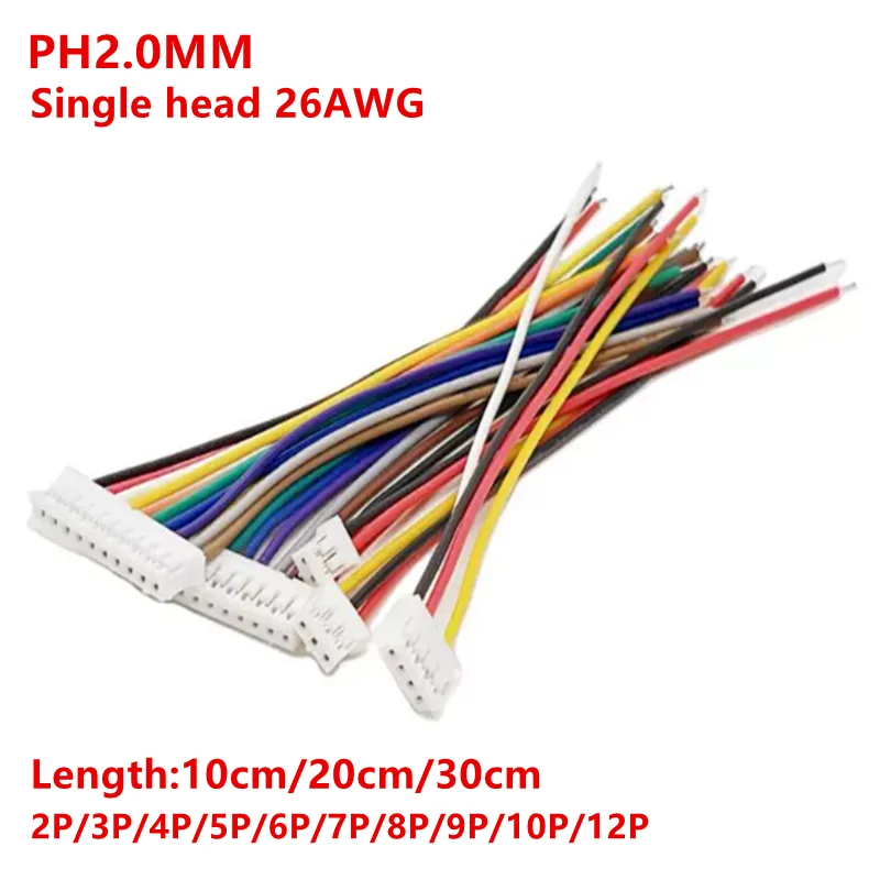 10PCS Mini Micro JST 2.0 PH Female Connector 2/3/4/5/6/7/8/9/10-Pin Plug with Terminal Wires Cables 100mm 200MM 300mm 26AWG