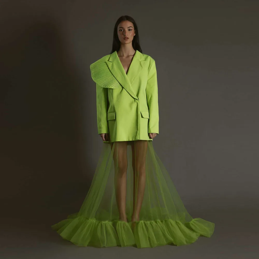 High Street Neon Green Women Set Fashion Stretchy Women Blazer Dress And See Thru Tulle Skirt 2 Pieces Long Women Maxi Gowns