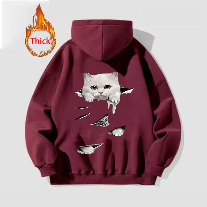 Cute Cat Thick Hoodies Women Fall Winter Warm Loose Long Sleeve Soft Tops Coats Vintage Lady Casual Preppy Style Kawaii Pullover