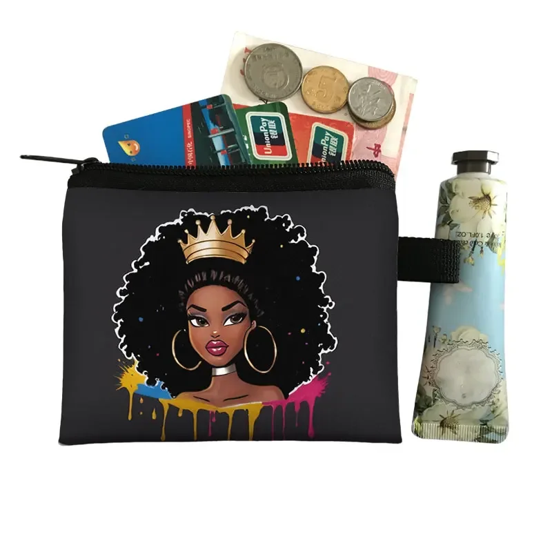 African Cartoon Girls Coin Purses Afro Black Women Wallet Earphone ID Credit Card Hold Jewelry Earrings Money Coin Bags Gift