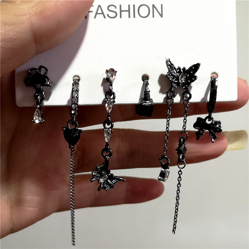6PCS SET Goth Black Butterfly Crystal Tassel Chain Pendant Earring For Women Vintage Aesthetic Trendy Y2K Jewelry Gift Brincos