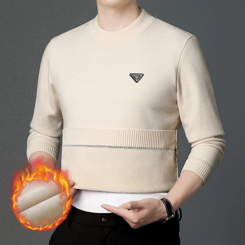 High End Brand Fashion Men\'s Sweater Printed O-Neck Autumn Winter Casual Plush Korean High Quality Thickened Pullover Men\'s Wear