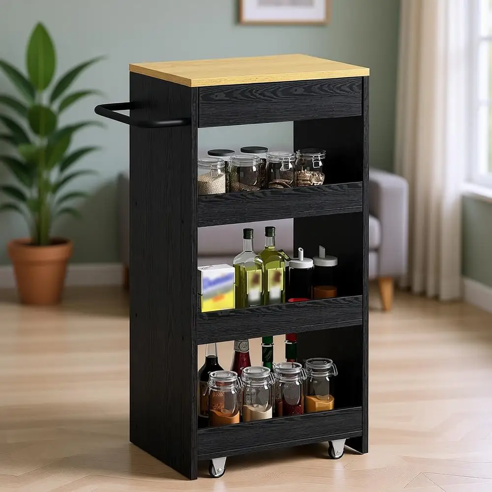 

4-Tier Rolling Kitchen Cart, 15.8 Wide, Utility Organizer Trolley with Handle, Ideal for Kitchen, Laundry, Bathroom - Black