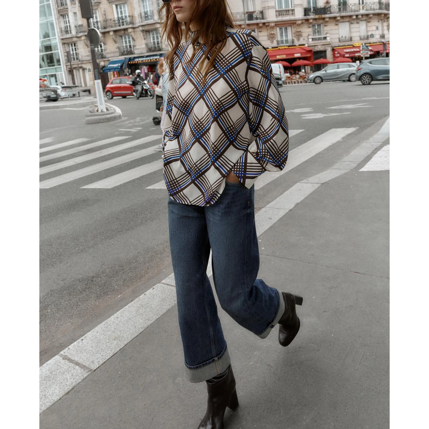 가을 겨울 신상 여성 캐주얼 슬리브 하이 칼라 롱 슬리브 체크 패턴 히든 버튼업 탑 9323262