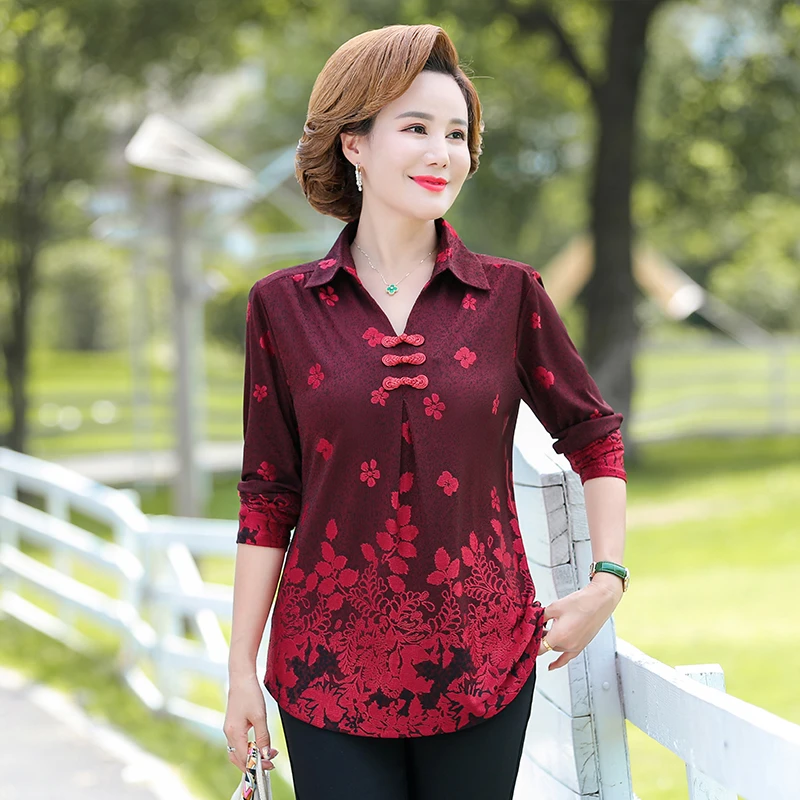 New Shirts Tops Women Blouses Lady vintage buckle print Elegant shirt collar long sleeve Mother Tops blusas