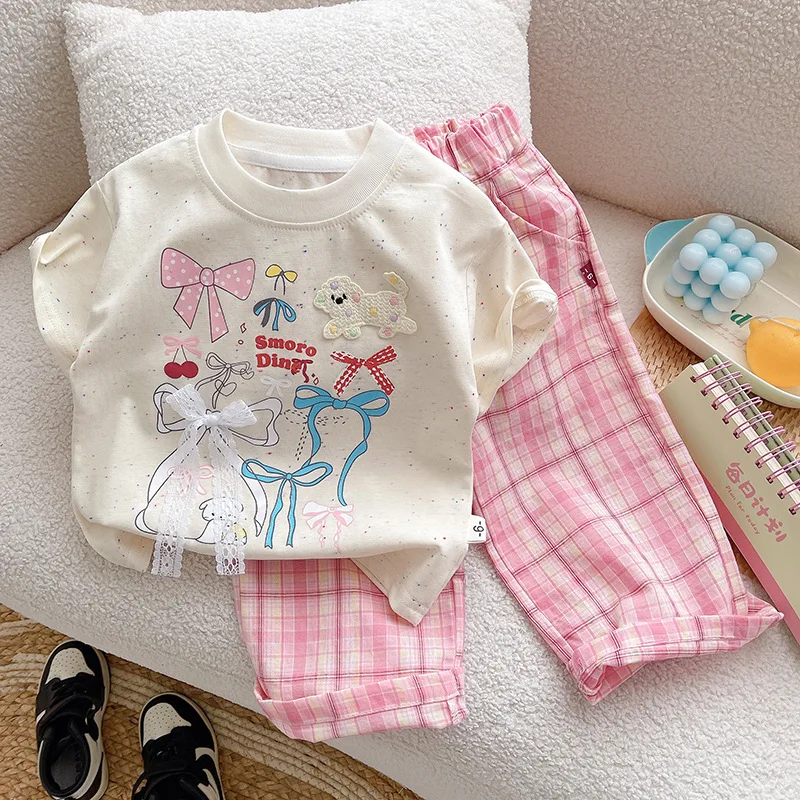 Summer Baby Girls Clothing Set Bow Print T-shirt+Lattice Pants 2Pcs Fashion Suit For 1-5 Years Girls Short Sleeved Casual Outfit