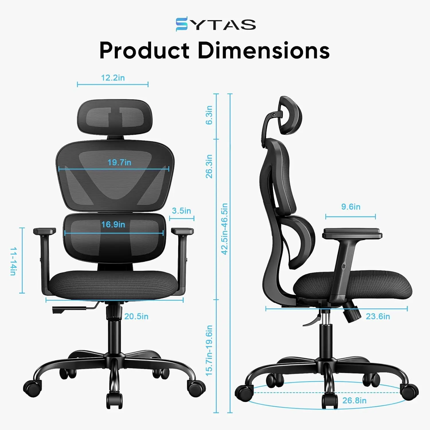 Sytas ergonomischer Bürostuhl, Schreibtischs tuhl aus Mesh mit hoher Rückenlehne, Lordos stütze und verstellbarer Kopfstütze, drehbarer Computer