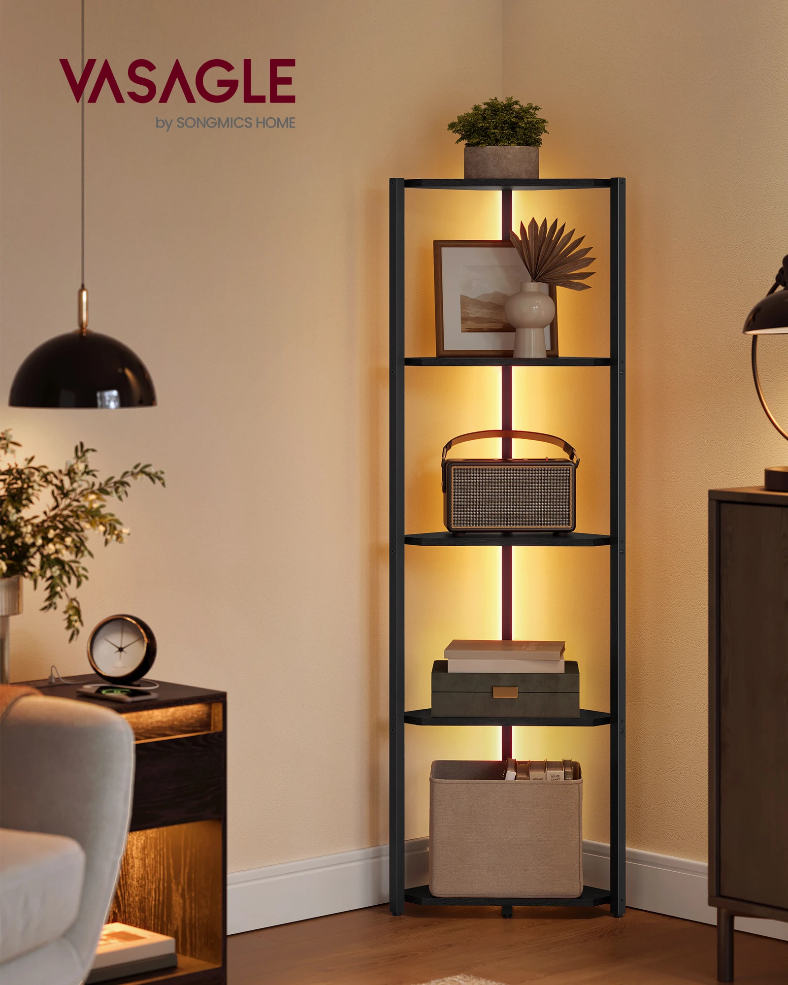 VASAGLE Eckregal mit 5 Ebenen, Bücherregal mit einstellbarer LED-Beleuchtung, Regal mit Stahlrahmen, 24,8 x 48 x 146,6 cm
