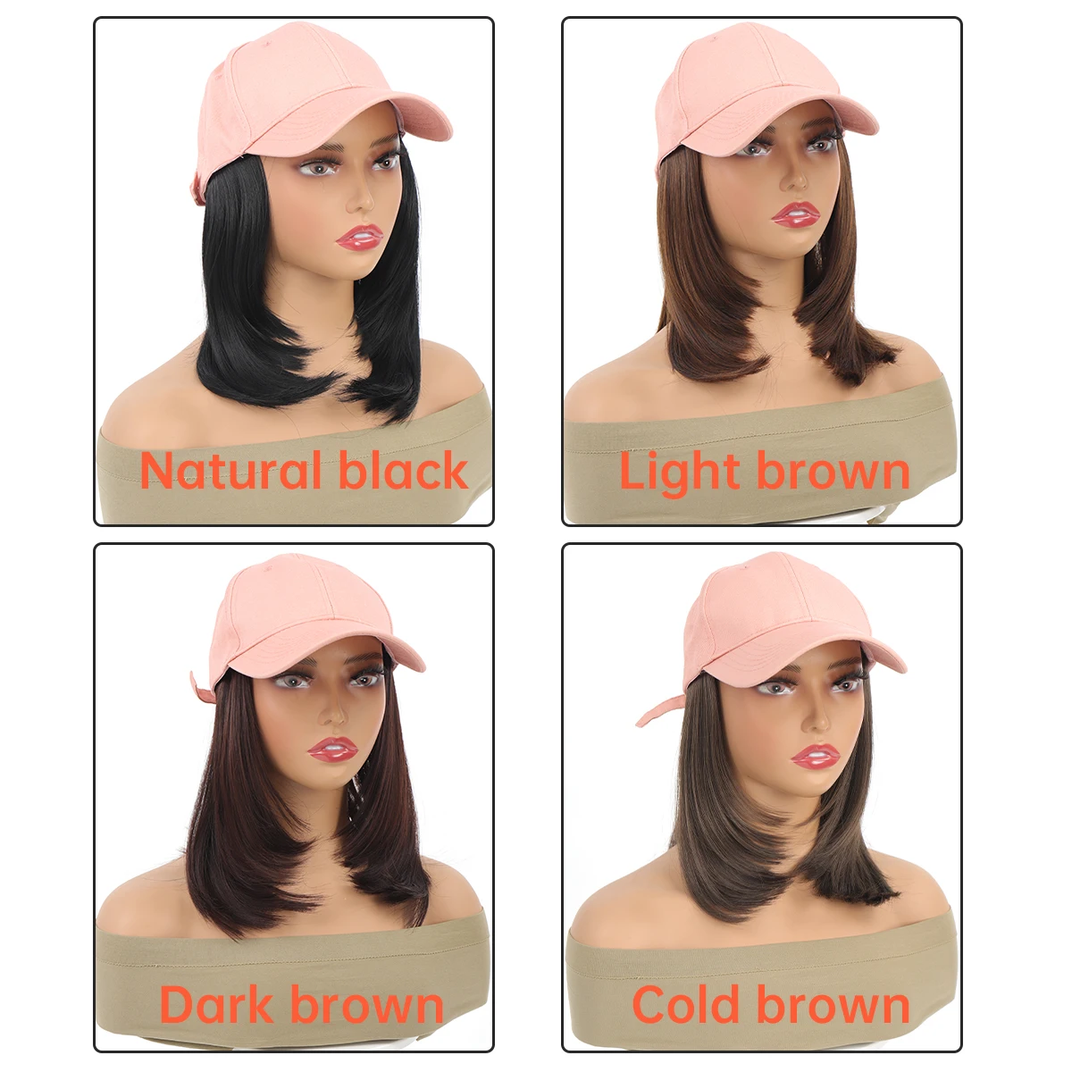 DIFEI Short Straight Hair Synthetic Hat Wig Non-Removable Light Pink Cap Inner Buckle Female Wig Hat Hair Extension Brown Black