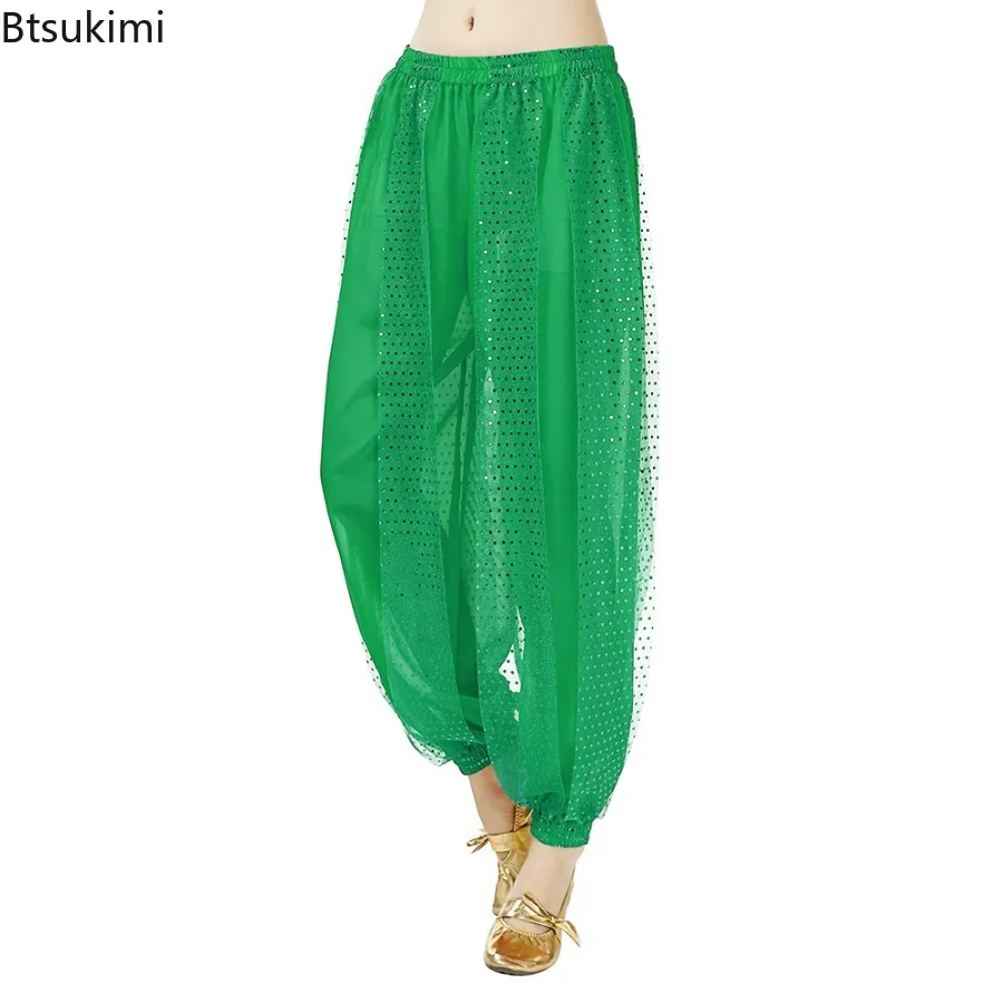2025 New Indian Dance Pants Sequined Lantern Trousers Belly Dance Stage Performance Pants Fashionable Chiffon Jogger Dance Pants