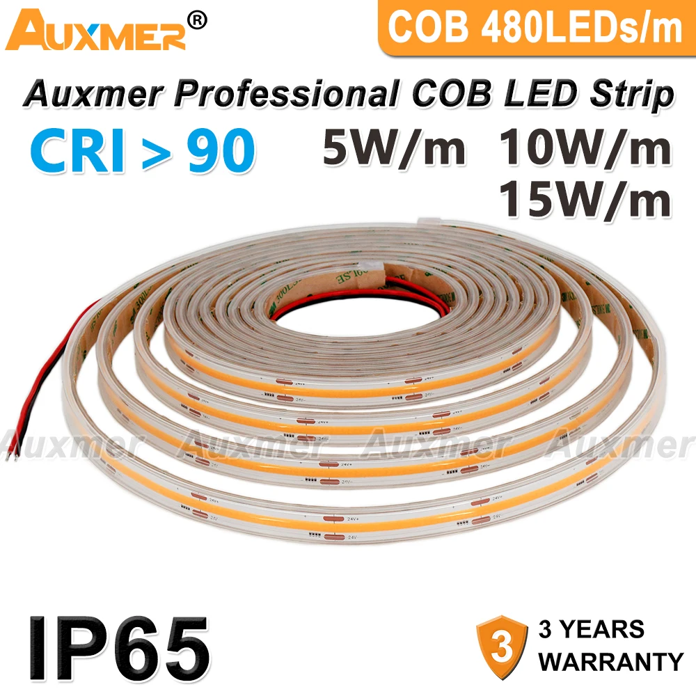 Professional COB LED Strip Lights 480LEDs/m CRI90,IP65 Waterproof,High Density LED Light Tape Dimmable,DC12/24V 16.4ft