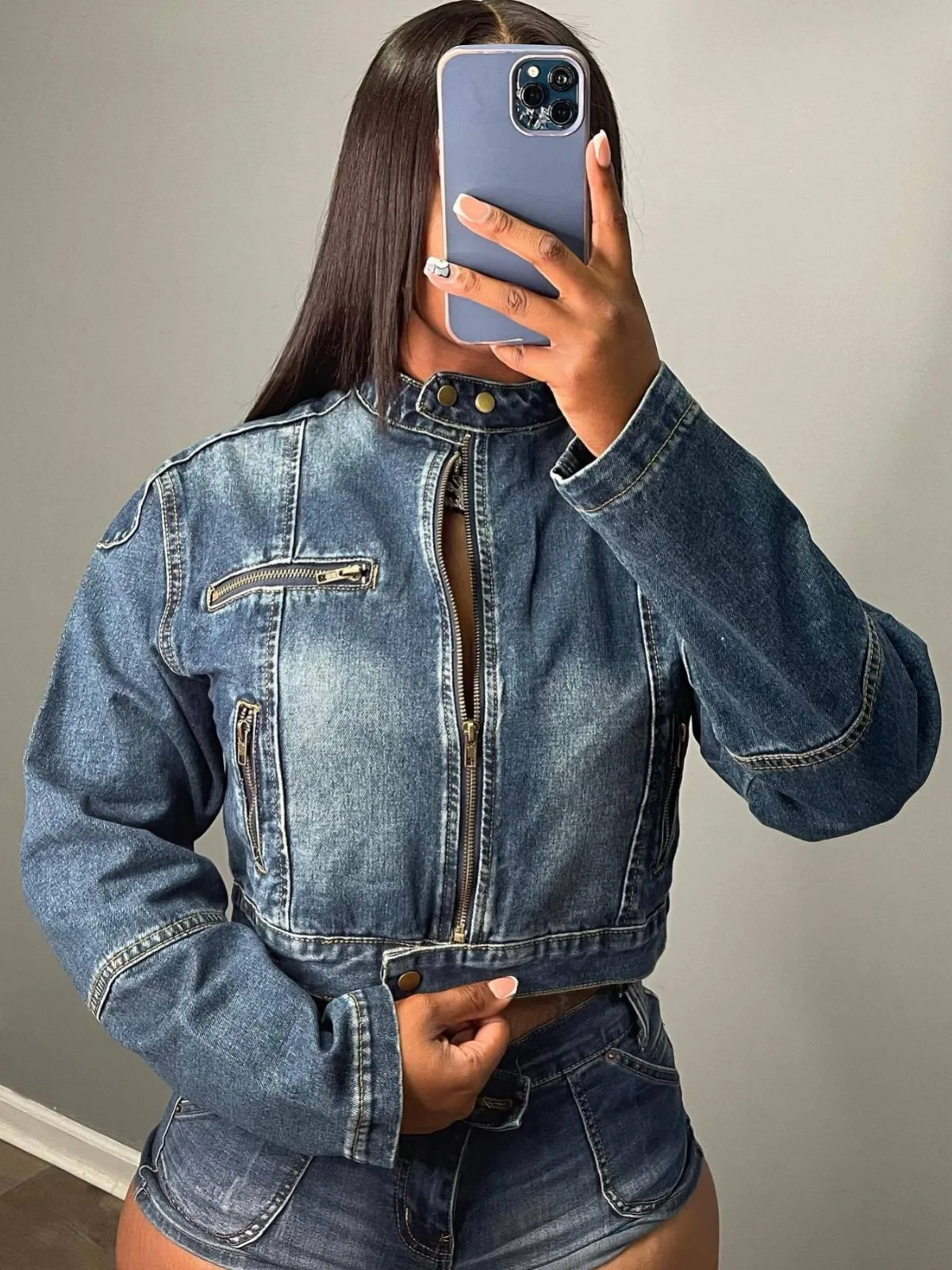 

Women Zipper Denim Jacket and Hot Shorts Two Piece Set High Street Stand Collar Long Sleeve Spring Autumn Casual Vintage Outfit