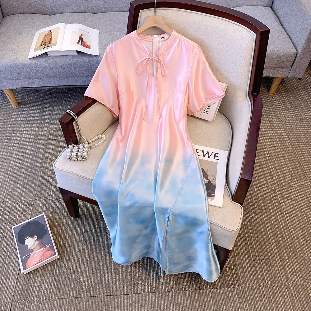 Summer new plus size women's Chinese style casual loose dress elegant retro long silk fabric party dress open cheongsam 2024 big