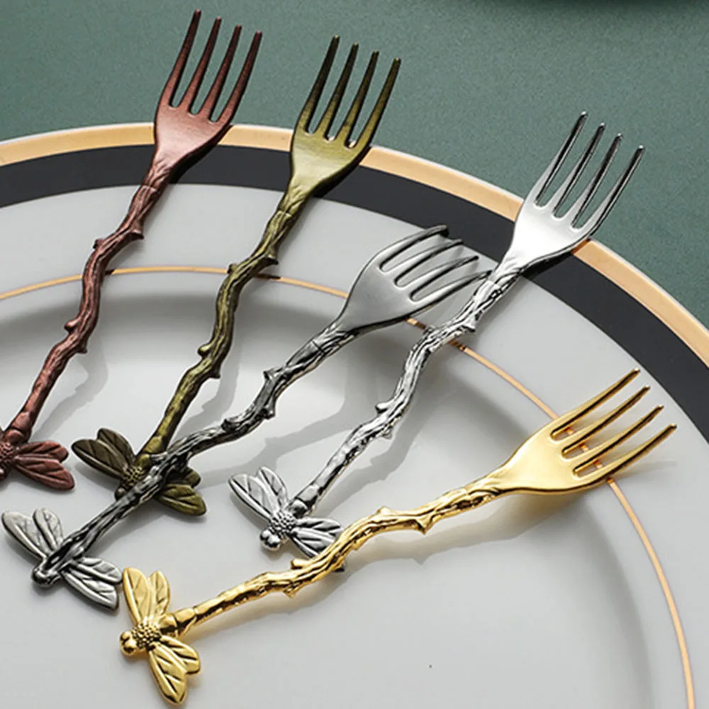 3pcs/Set Dragonflies Desserts Forks Creativity Ice Cream Fork Zinc Alloy Tableware Kitchen Utensils Accessory