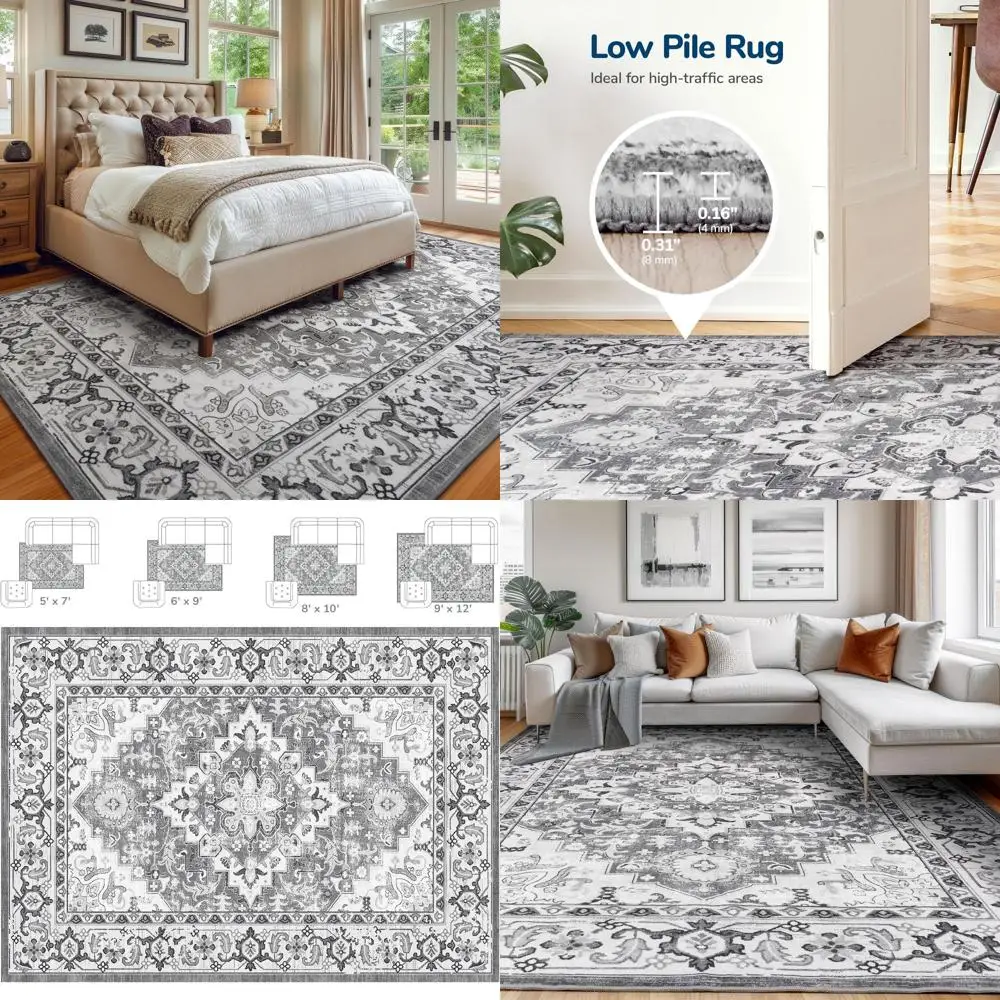 

5x7 Boho Chic Washable Area Rug - Low Pile, Grey White, Non-Slip for Living Room, Kitchen, or Bedroom