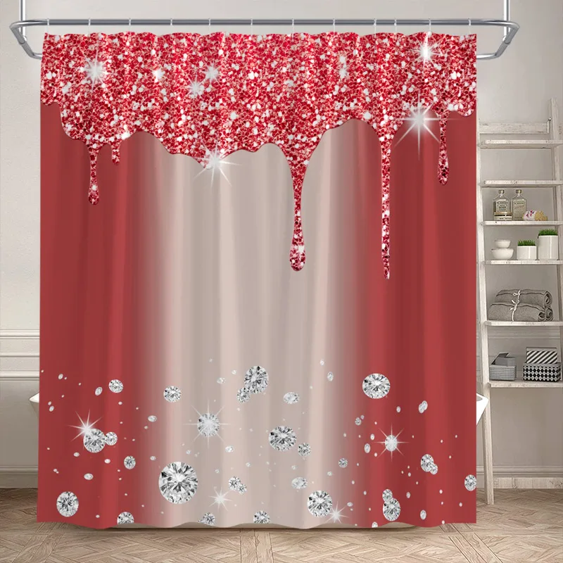 LMMRLM Shower Curtain Diamond Red Bath Curtains Modern Polyester Fabric Home Bathroom Decor with Hooks