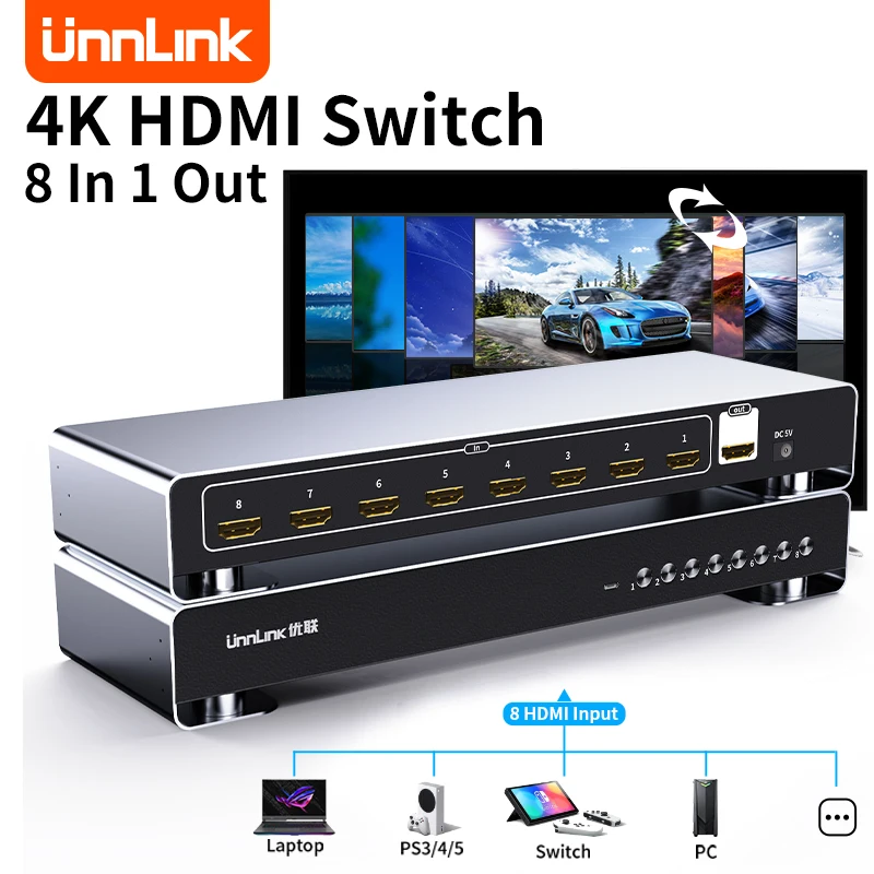 Unnlink HDMI Switch 8 In 1 Out 4K HDR Video Switcher 8 พอร์ตควบคุม 8 อุปกรณ์สําหรับสวิทช์ PS4/5 Pro แล็ปท็อป PC Sharing 1 Monitor
