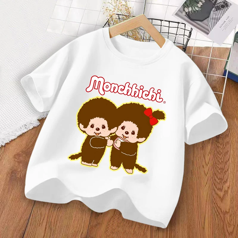

Футболки Monchhichi, детская одежда, рубашки с героями мультфильмов и аниме для мальчиков и девочек, милые детские футболки для отдыха, летние хлопковые топы, домашняя одежда, подарки, хит продаж