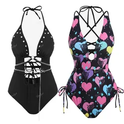 Rosegal Plus Size Gothic Damen Einteiler Bade bekleidung Sommer Beach wear Bikinis rücken frei aushöhlen Neck holder Badeanzug