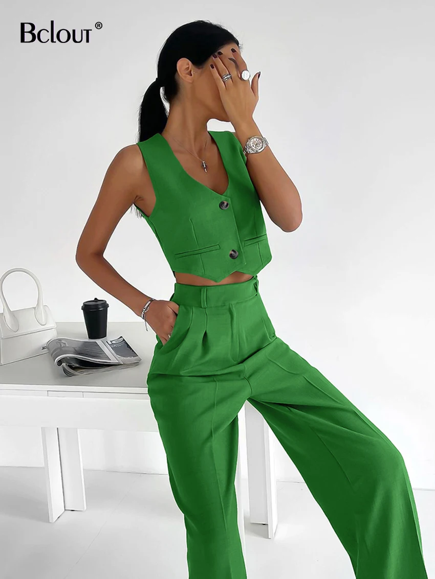 Bclout pantaloni di lino estivi set donna 2 pezzi elegante Office Lady con scollo a v Crop top Fashion Green Party Silm pantaloni dritti abiti