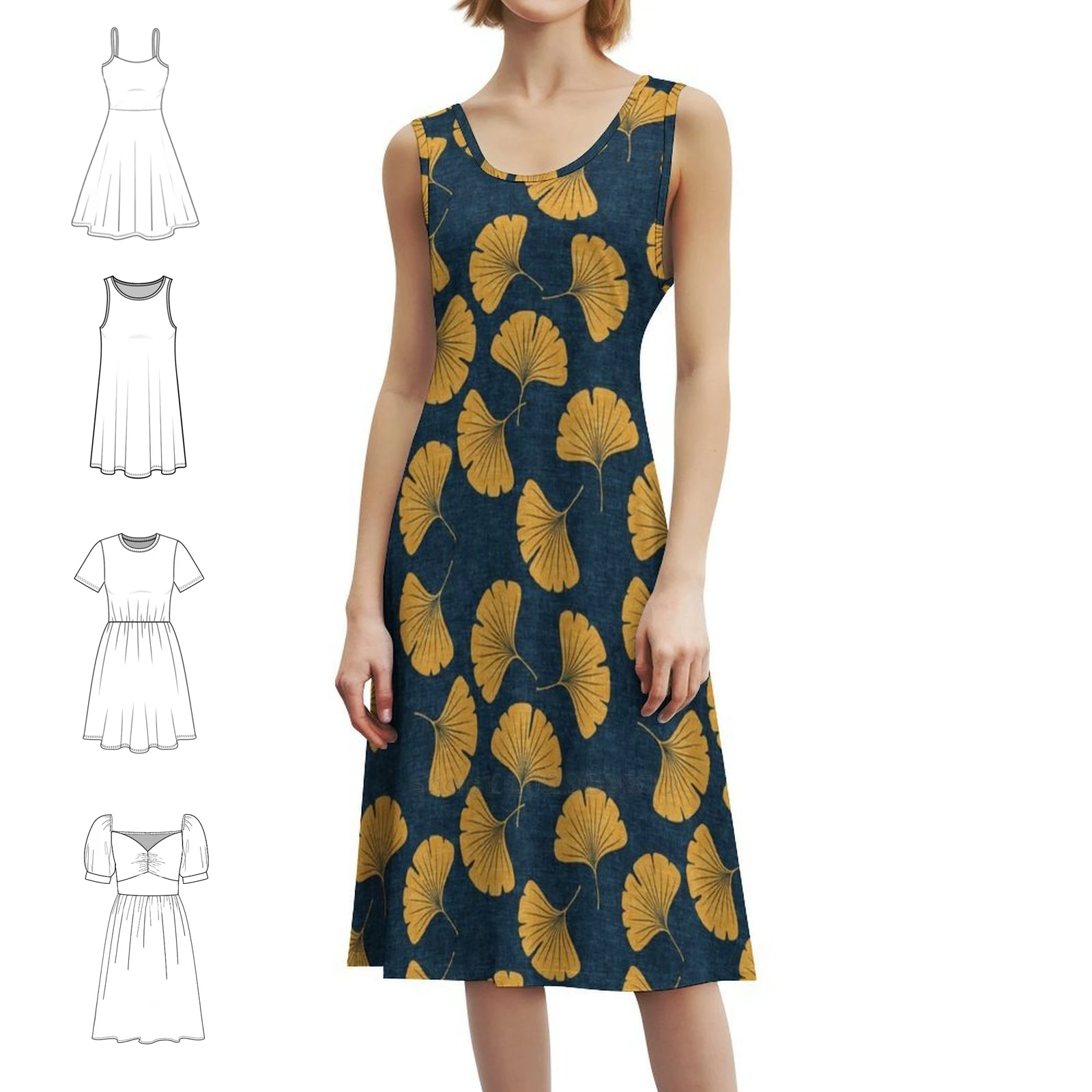

Ginkgo Biloba-Gingko Leaves-Blue Bohemian Sleeveless Dress For Women Print Beach Party Dresses Ginkgo Biloba Ginkgo Gingko Tree
