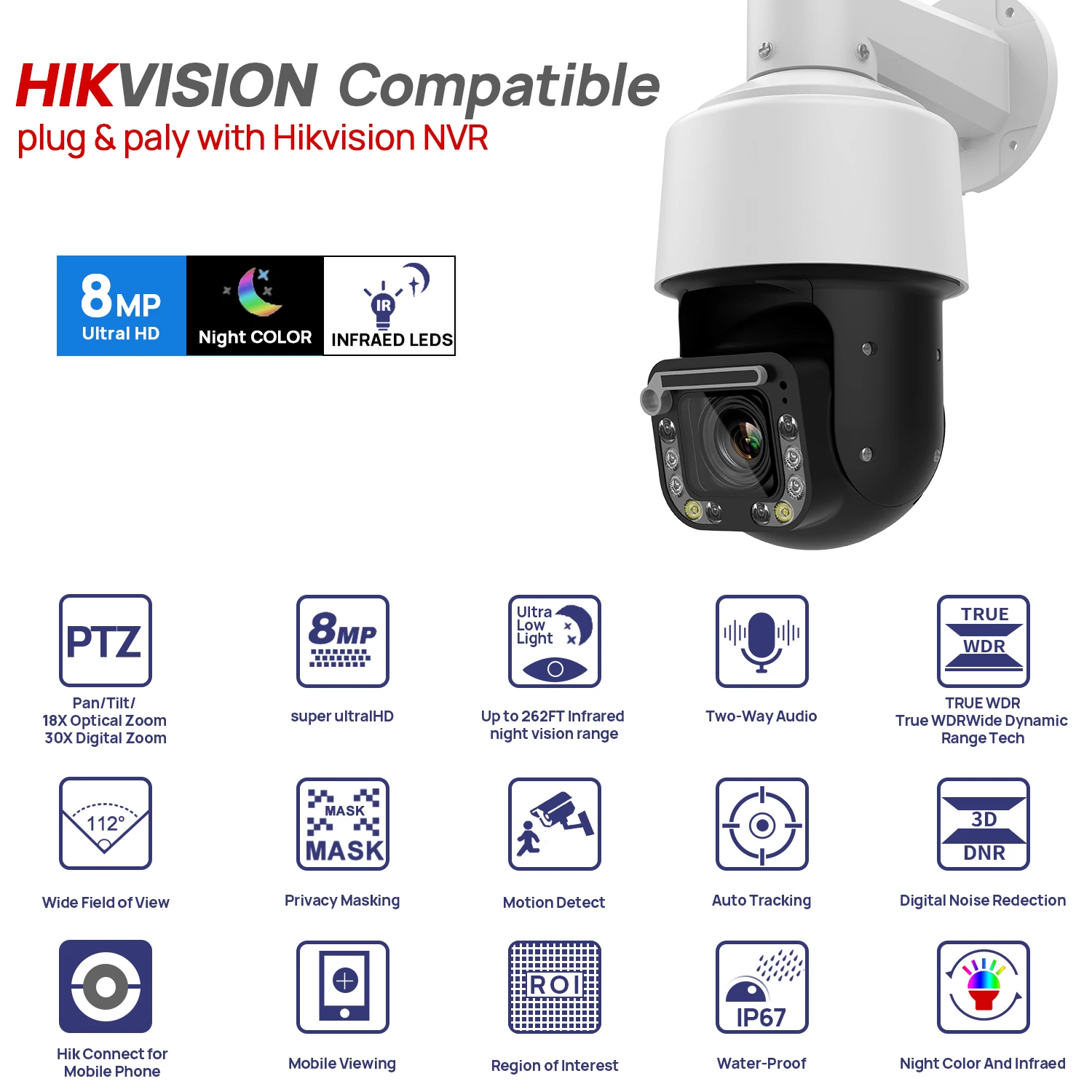 4K 8MP PTZ 18X Zoom Wiper POE IR IP Camera 2-way Audio Human auto-tracking CCTV Surveillance Network Camera Hikvision Compatible