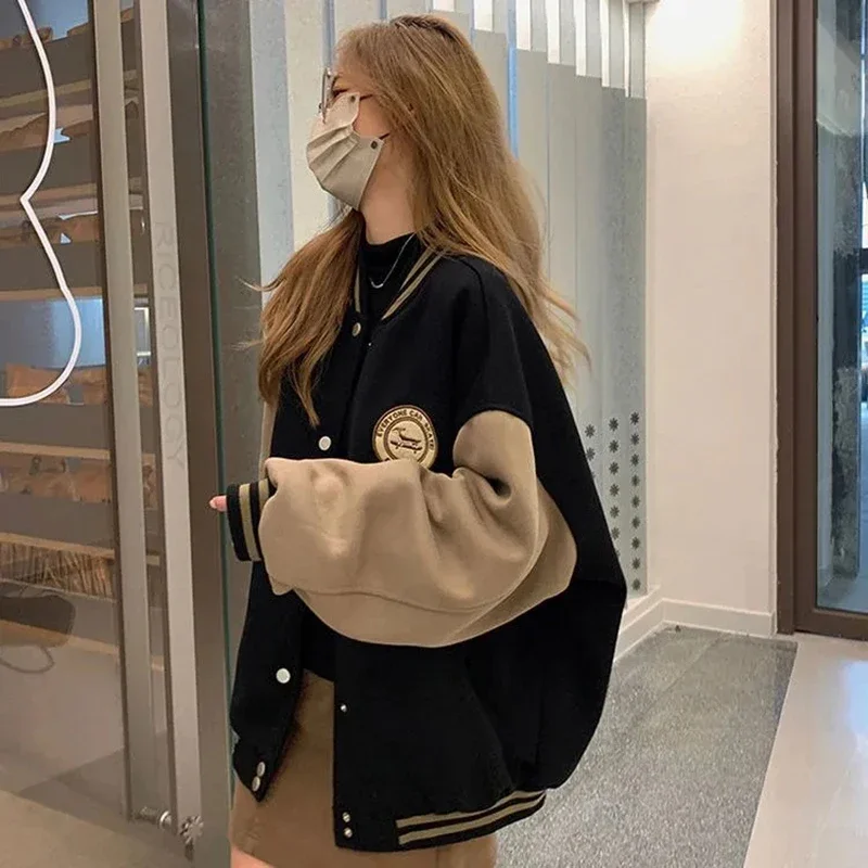 

Smvp 2024 Autumn Winter New Oversized Baseball Uniform Thick Warm Patchwork Coats Women Vintage Loose Casual Bomber Jackets Lady