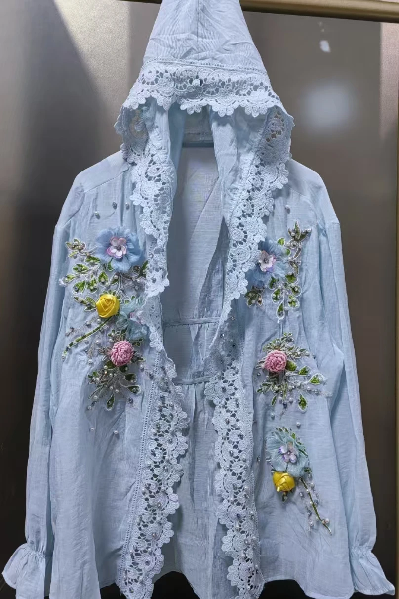

3D Flowers Stitch Beaded Cotton Linen Open Stitch Hooded Cardigan Top for Women Spring Summer Mid-length Sunscreen Shirt Blouse