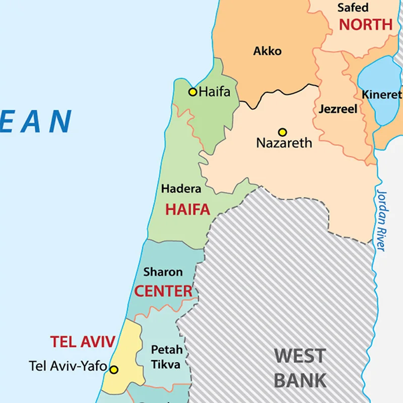 Mapa de la administración de Israel, lienzo no tejido en inglés, arte de pared, carteles, decoración del hogar, suministros escolares, 100x150cm