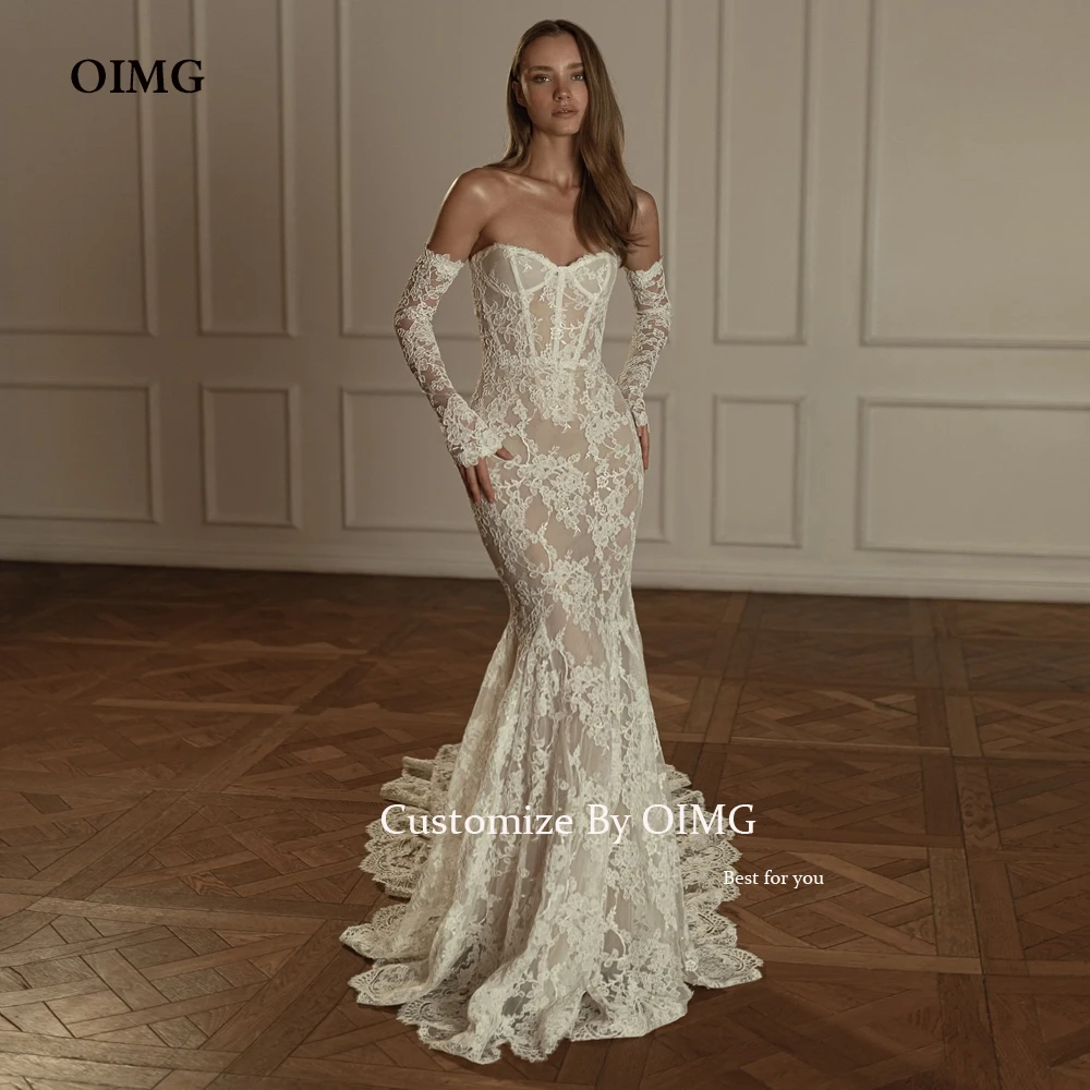 OIMG Beach Full Lace Wedding Dresses For Bride Removable Long Sleeve Slim Mermaid Wedding Gowns Princess Bridal Gowns Customized