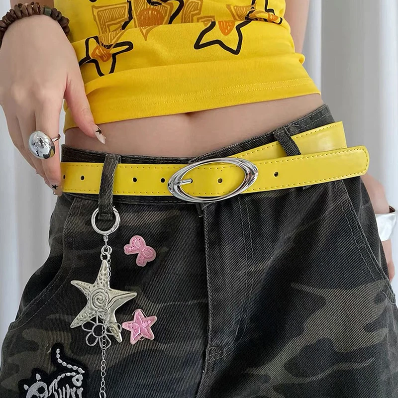 ฤดูร้อน Dopamine มะนาวสีเหลืองเข็มขัดผู้หญิงแนวโน้มเข็มขัด Subculture Y2K เข็มขัด Punch ฟรีเข็มขัด