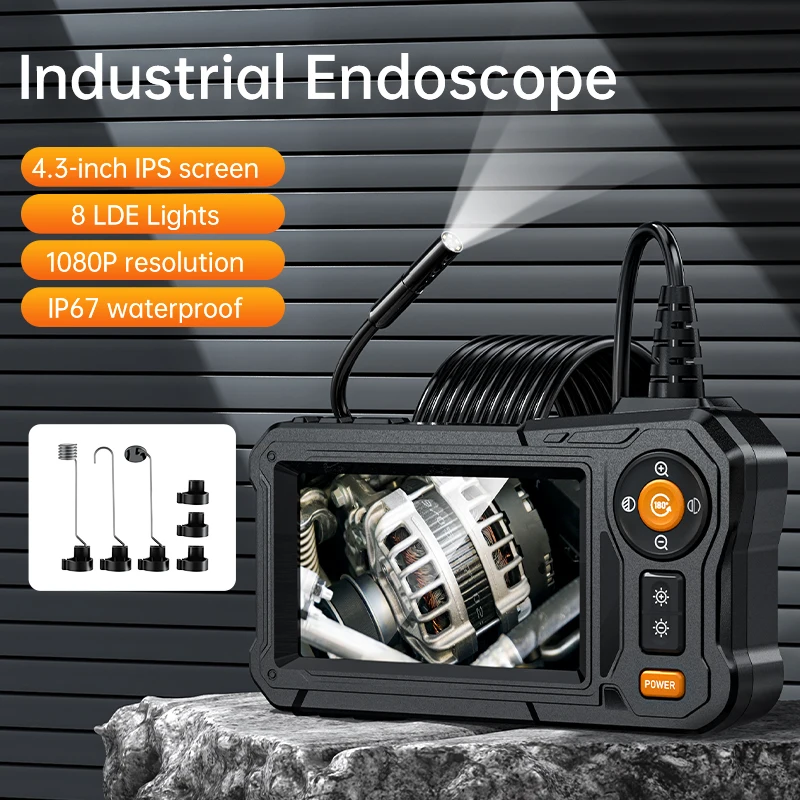 4.3' IPS Screen Industrial Borescope Camera IP67 Waterproof Sewer Endoscope Semi-Rigid Cord Bore Scope For Drain Pipe