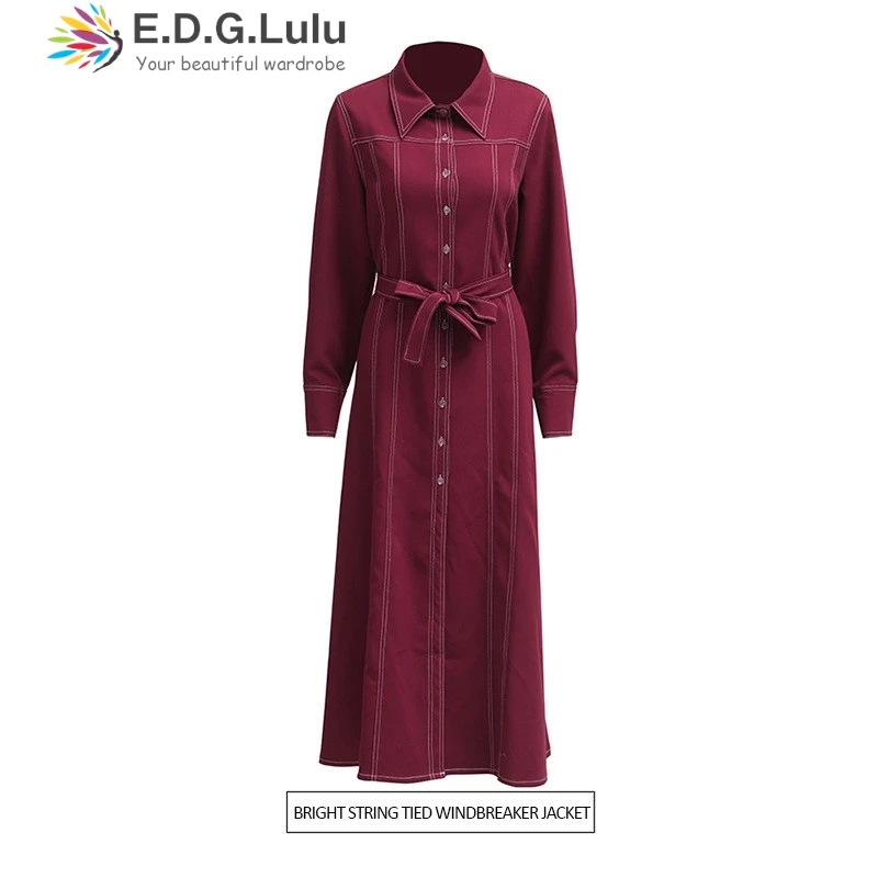 

EDGLuLu 2025 New Women's Red Long Trench Coat Turn-Down Collar Single Breasted High Waist Lace-Up Long Suit Jacket 0504