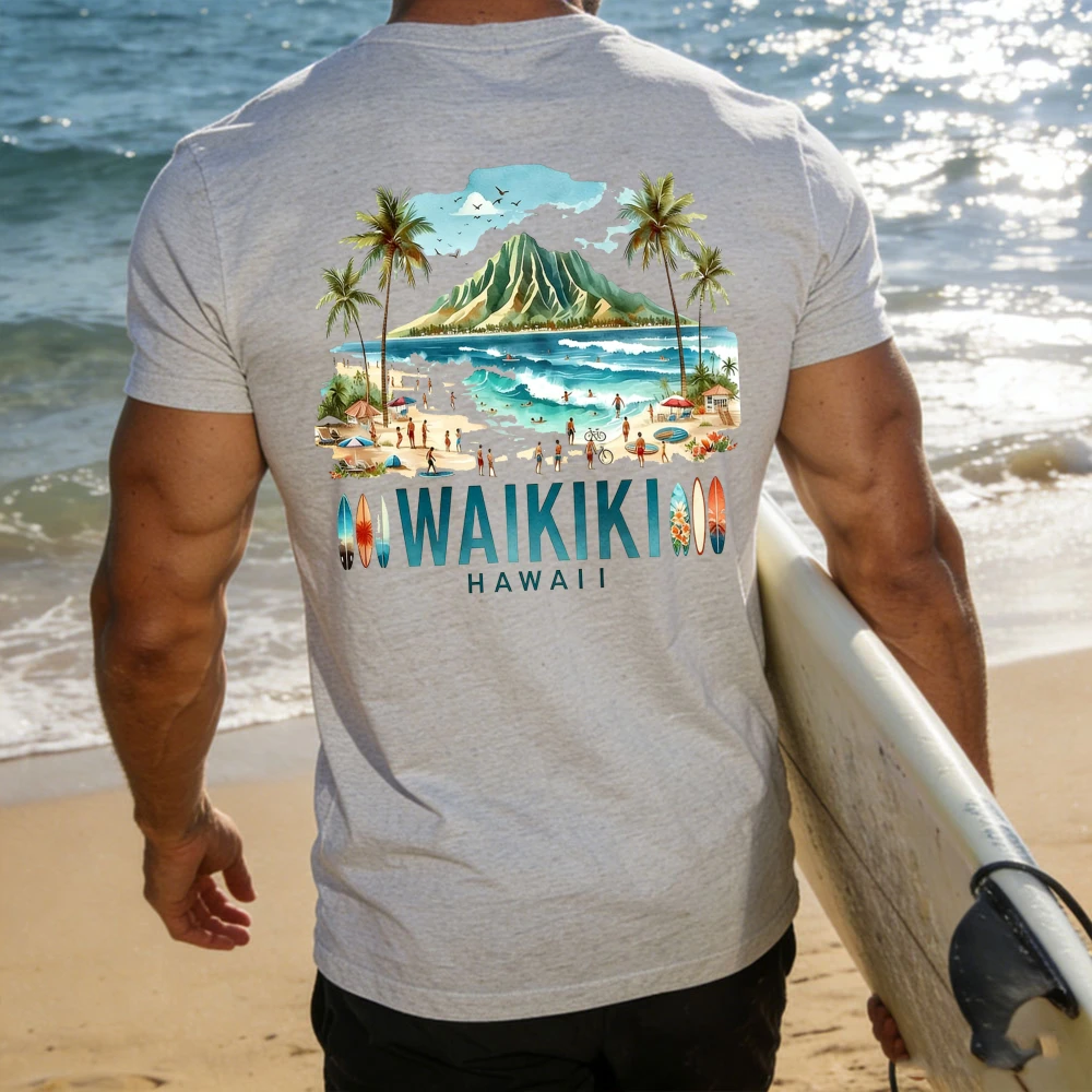 Waikiki Hawaii Diamond Head Tropical Beach Grafik-T-Shirt, Vintage-Surfbrett-Palmen-Kunst, kurzärmelig, Rundhalsausschnitt, lässig, Urlaub