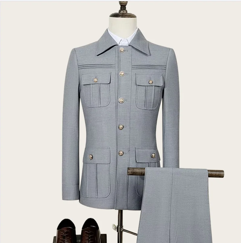 Mophiel Hunting Style Men Suits 2 Piece Multi Pocket Cargo Blazer Work Set Tuxedo Loose Casual Streetwear Outdoor Daily Wear