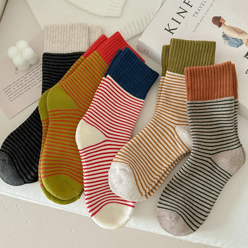 Chaussettes rayées épaisses, chaussettes tubulaires, Terry, 5 pièces