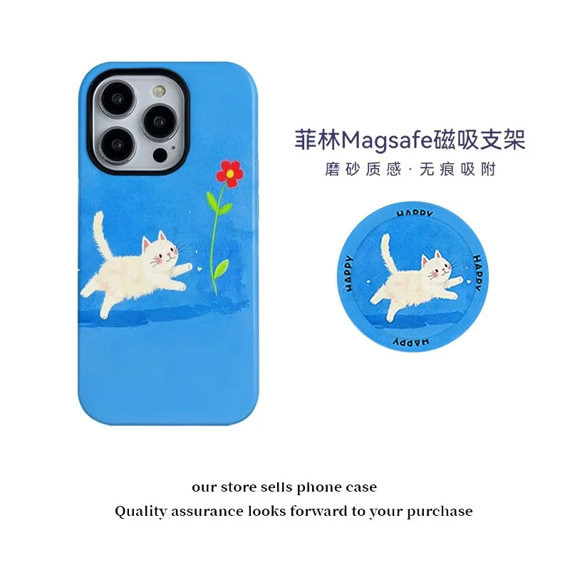 

Ins Korean Blue Fun Cat Flower Case for IPHONE 16E 15 14 ProMax 13 12 MINI 11 PRO Acrylic TPU Two in One Magnetic Phone Cases