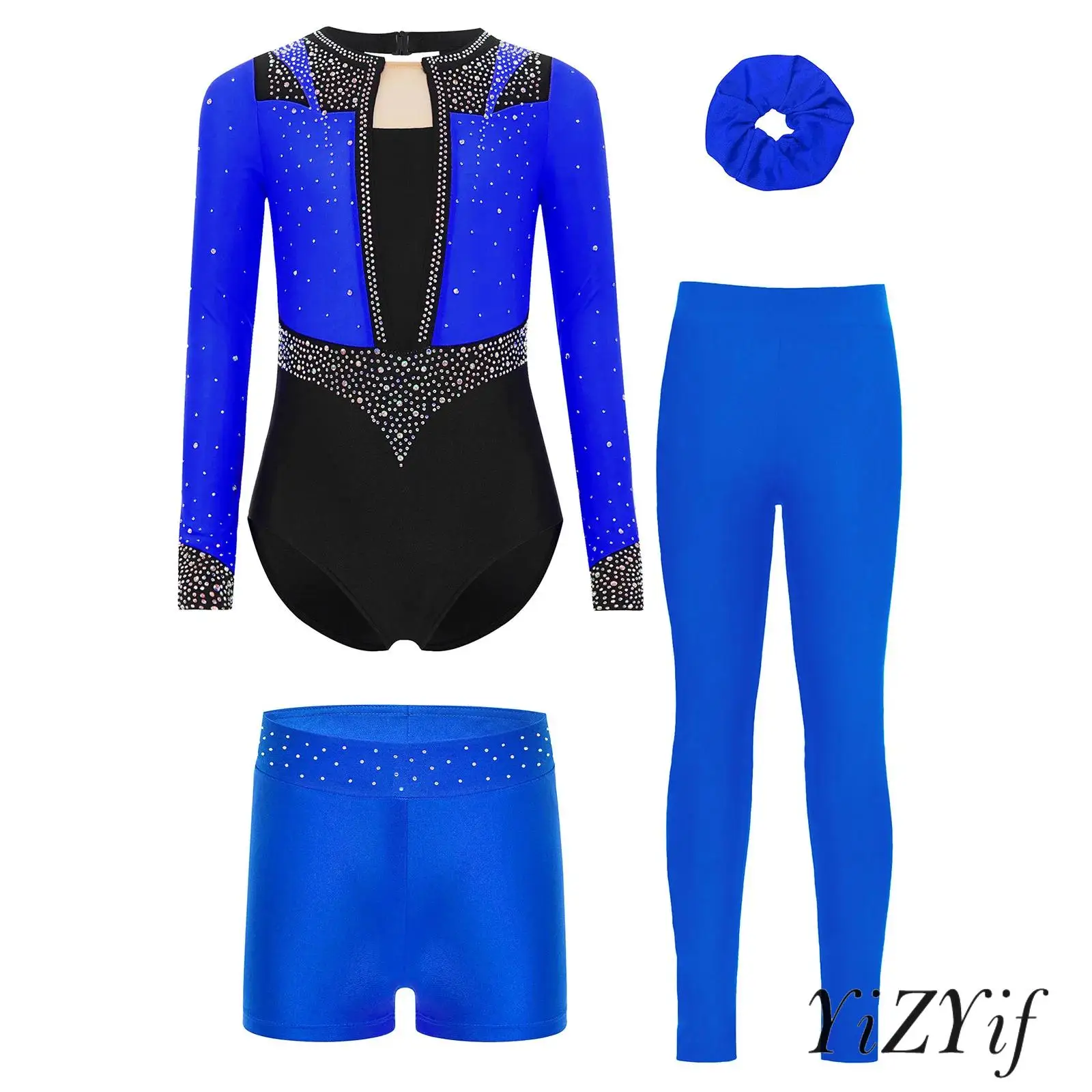 

4Pcs/Set Girls Gymnastics Figure Skating Outfit Long Sleeve Keyhole Back Sparkly Ballet Dance Leotard+Shorts+Leggings+Hairband