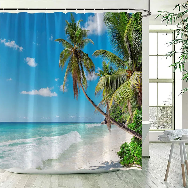 Ocean Island Shower Curtain Coconut Trees Beach Sea Waves White Window Hawaii Nature Scenery Bath Curtains Fabric Bathroom Decor