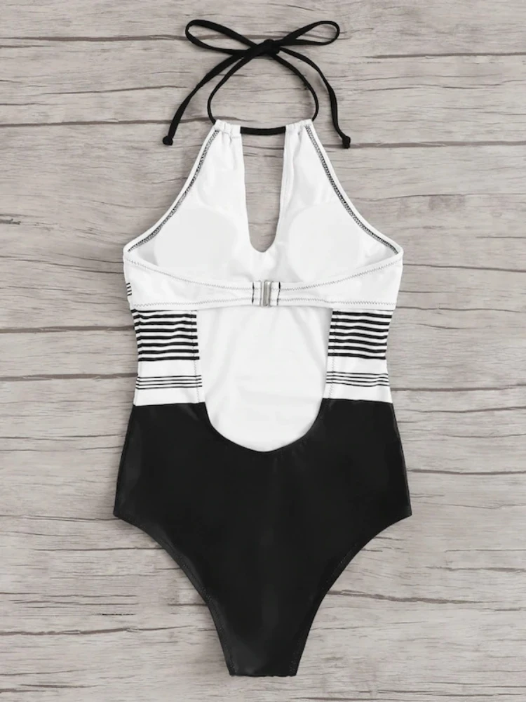 Sexy Female Swimsuit One Piece High Neck Bikini 2022 New Cutout Bathing Suit Striped Swimwear Women Monokini Summer Beach XL