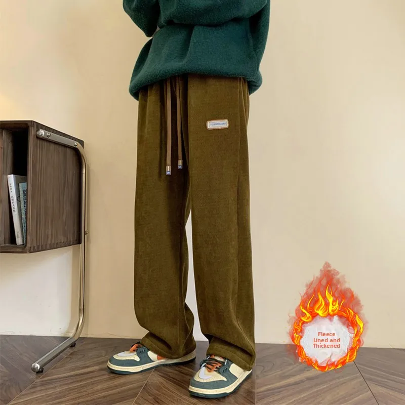 

Men's Corduroy Pants Thiened Straight Leg Sweatpants Winter Fce Lined Warm Casual Sports Trousers Loose Fit mid Waist