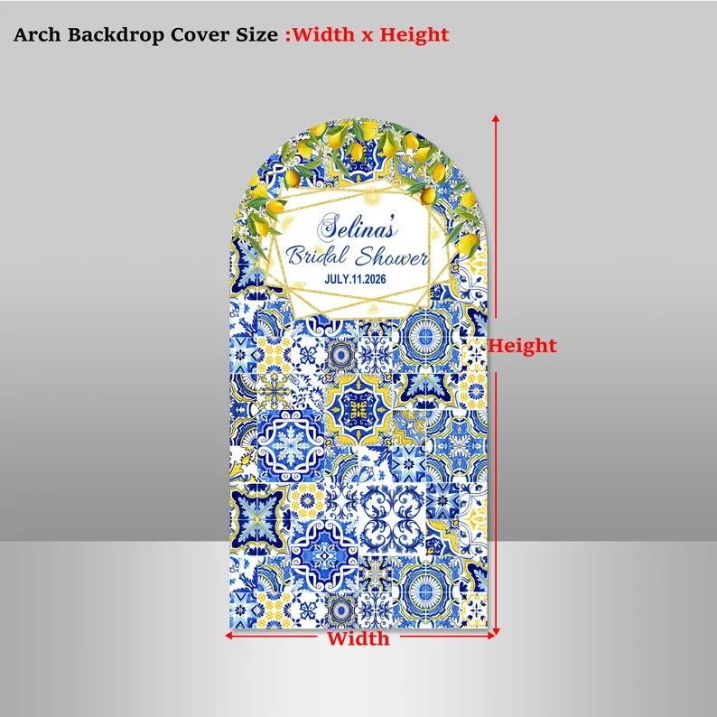 Imagem -05 - Mehofond-personalizado Lados Backdrop Bridal Shower Arch Cover Azul e Branco Porcelana Spandex Decor Photo Studio Prop Limão Casamento