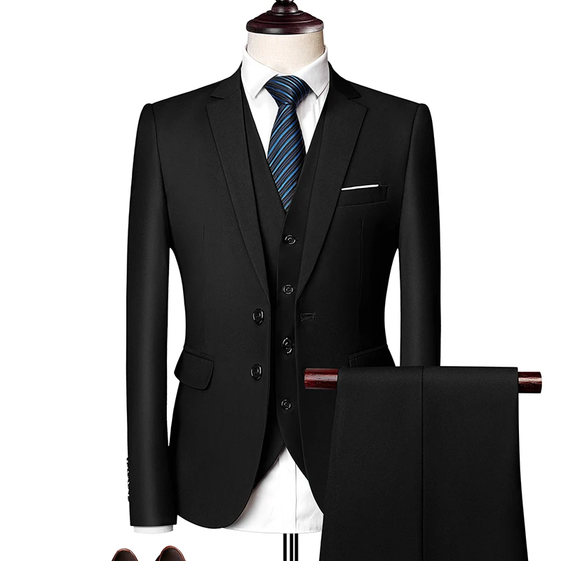 (Jacket + Vest + Pants)Three Piece Set Men Blazers Slim Fit Set Suits Solid Business Casual Formal Dress Groom Tuxedo Wedding